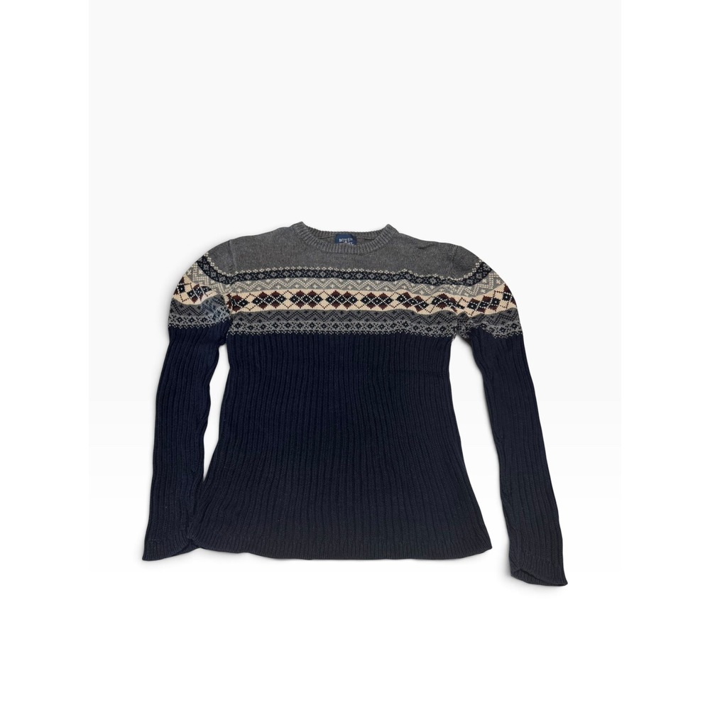Y2K Bowen & Wright Boys XL 20 Fair Isle Crewneck Sweater Navy Grey Ramie Cotton